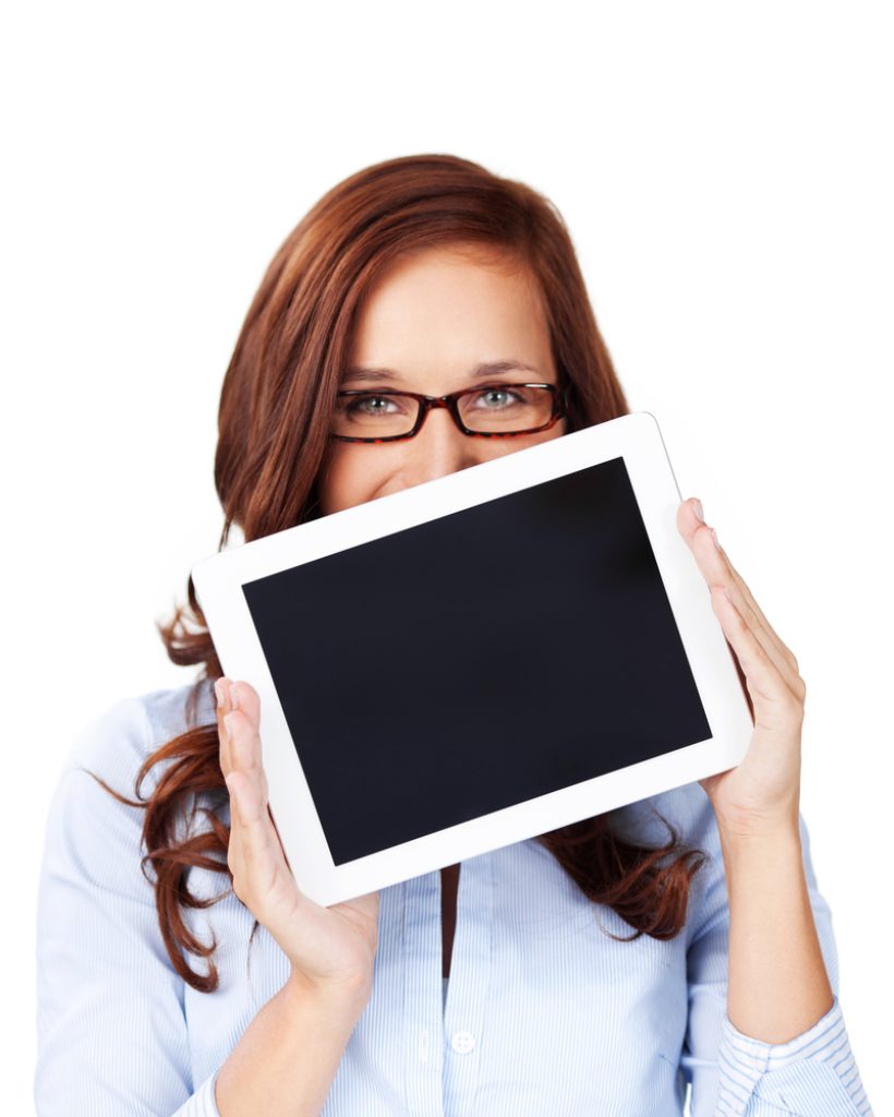 Woman,Holding,Up,A,Blank,Tablet,Computer,Obscuring,The,Lower